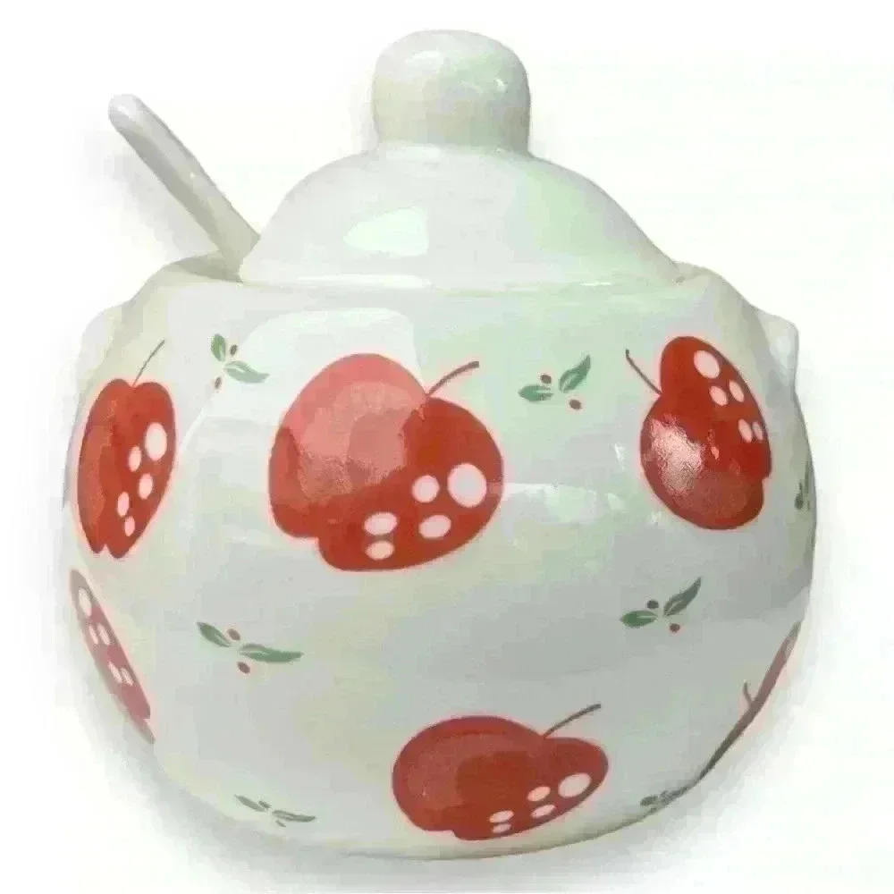 VTG Red Apple Ceramic Sugar Bowl Jam Jar
